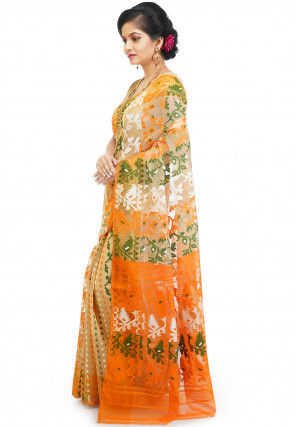 Jamdani Cotton Silk Saree in Light Beige and Multicolor