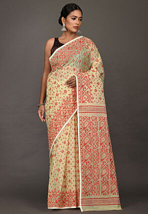 Jamdani Cotton Silk Saree in Light Yellow