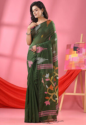 Jamdani Cotton Silk Saree in Olive Green