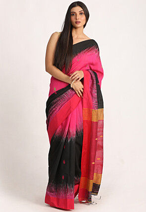 Jamdani Cotton Silk Saree in Pink and Black