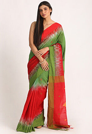 Jamdani Cotton Silk Saree in Red and Green