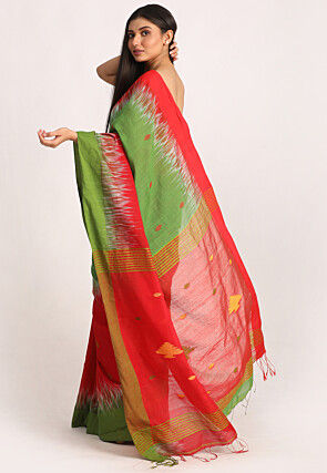 Jamdani Cotton Silk Saree in Red and Green