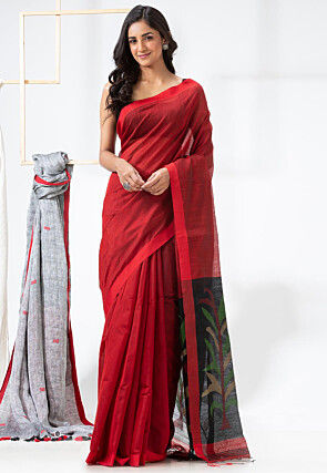 Jamdani Cotton Silk Saree in Red