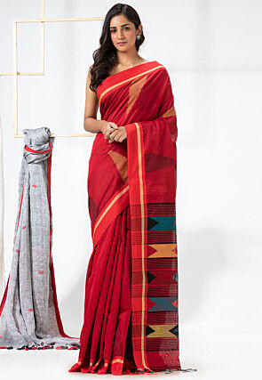Jamdani Cotton Silk Saree in Red