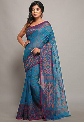 Jamdani Cotton Silk Saree in Teal Blue
