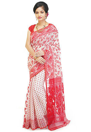 Jamdani Cotton Silk Saree in White and Red