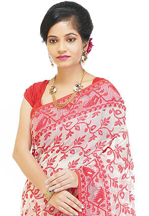Jamdani Cotton Silk Saree in White and Red