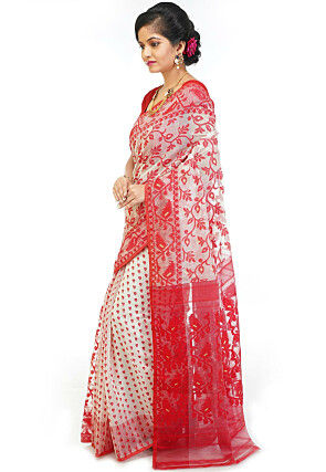 Jamdani Cotton Silk Saree in White and Red