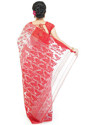 Jamdani Cotton Silk Saree in White and Red