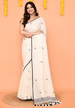 Jamdani Linen Cotton Saree in Off White