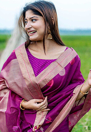 Jamdani Linen Cotton Saree in Purple