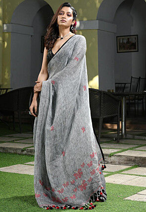 Jamdani Linen Saree in Grey
