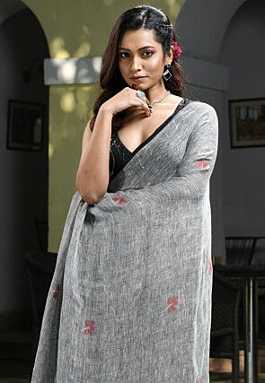 Jamdani Linen Saree in Grey