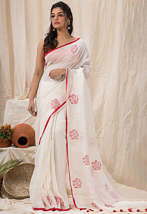 Jamdani Linen Saree in White
