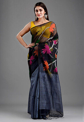 Jamdani Matka Silk Saree in Black and Dusty Blue