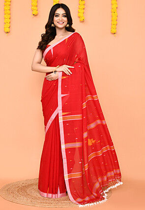 Jamdani Mul Cotton Saree in Red