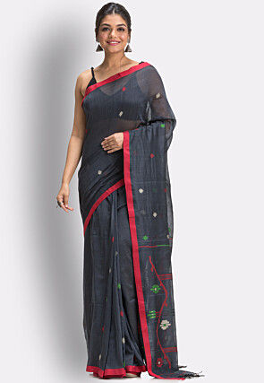 Jamdani Pure Cotton Saree in Dark Grey