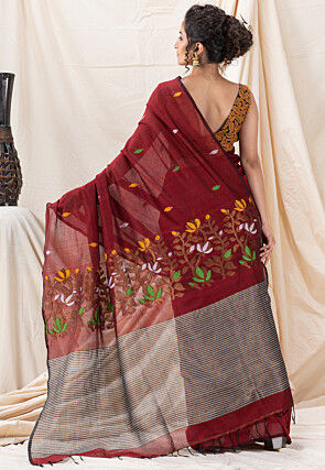 Jamdani Pure Cotton Saree in Maroon