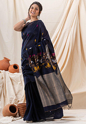 Jamdani Pure Cotton Saree in Navy Blue