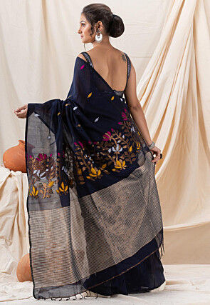 Jamdani Pure Cotton Saree in Navy Blue