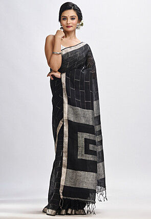 Jamdani Pure Linen Saree in Black