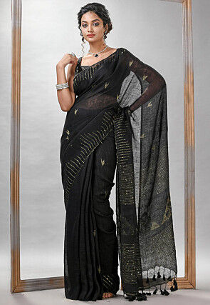 Jamdani Pure Linen Saree in Black