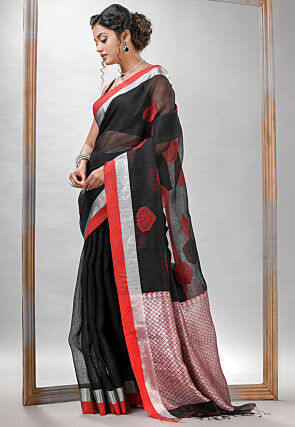Jamdani Pure Linen Saree in Black