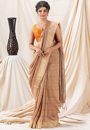 Jamdani Pure Linen Saree in Light Brown