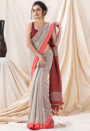 Jamdani Pure Linen Saree in Light Grey