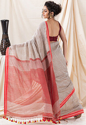 Jamdani Pure Linen Saree in Light Grey