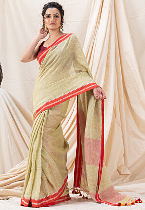 Jamdani Pure Linen Saree in Light Yellow