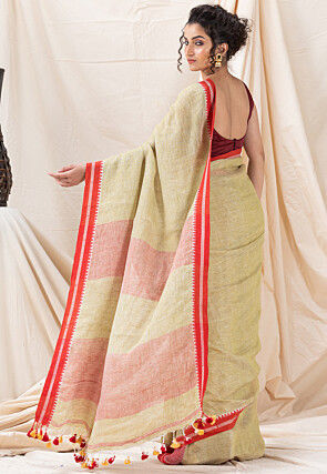 Jamdani Pure Linen Saree in Light Yellow