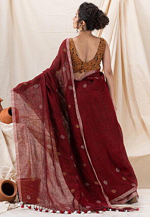 Jamdani Pure Linen Saree in Maroon