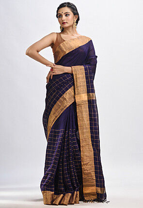 Jamdani Pure Linen Saree in Violet