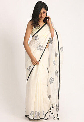 Jamdani Pure Linen Saree in White