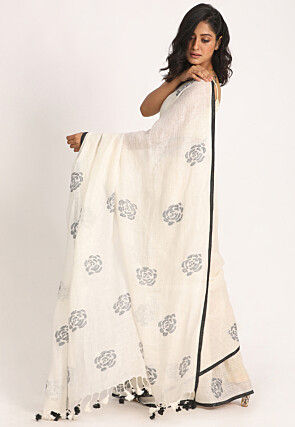 Jamdani Pure Linen Saree in White