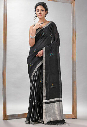 Jamdani Pure Linen Silk Saree in Black