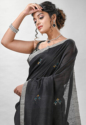 Jamdani Pure Linen Silk Saree in Black