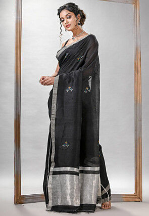Jamdani Pure Linen Silk Saree in Black