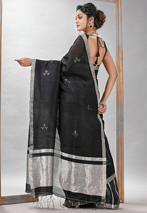 Jamdani Pure Linen Silk Saree in Black