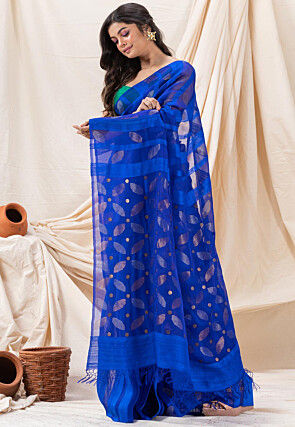 Jamdani Pure Matka Silk Saree in Royal Blue