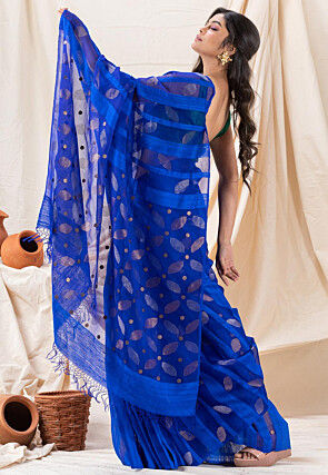 Jamdani Pure Matka Silk Saree in Royal Blue
