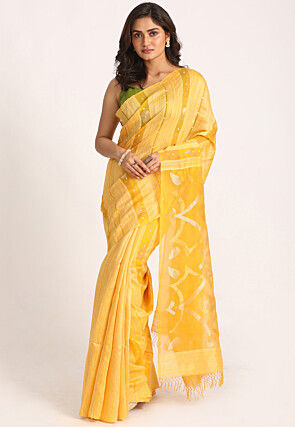 Jamdani Pure Matka Silk Saree in Yellow