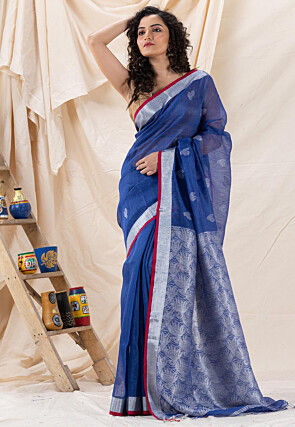 Jamdani Pure Silk Linen Saree in Royal Blue