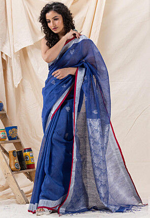 Jamdani Pure Silk Linen Saree in Royal Blue