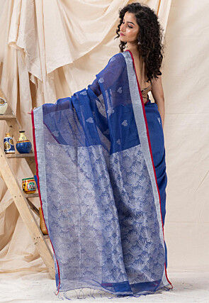Jamdani Pure Silk Linen Saree in Royal Blue
