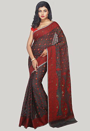 Jamdani Resham Silk Handloom Saree in Dark Grey