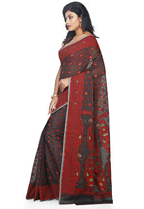 Jamdani Resham Silk Handloom Saree in Dark Grey