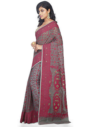 Jamdani Resham Silk Handloom Saree in Grey