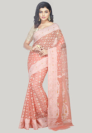 Jamdani Resham Silk Handloom Saree in Light Peach